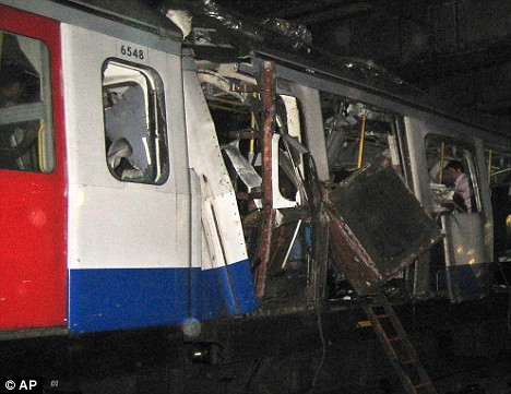 Blown up: A Circle Line subway train between Liverpool Street and Aldgate stations