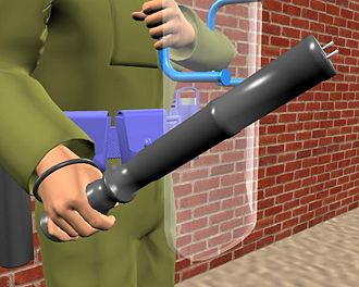 A computer-generated image (CGI) of a man holding an electric shock baton